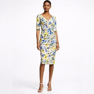 Rickie Freeman Teri Jon Floral Ruched Stretch Cocktail Wedding Guest Dress Sz 6